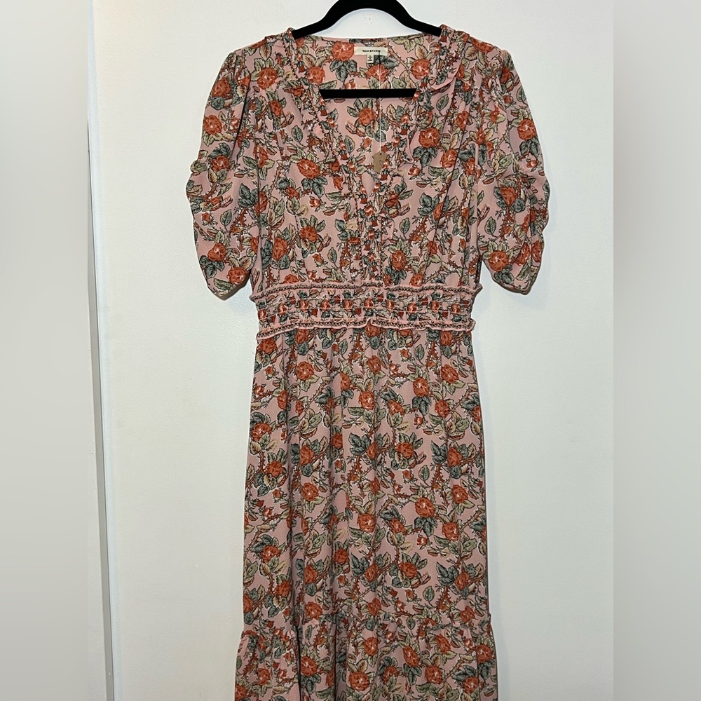 Floral Print Midi Dress with Puff Sleeves